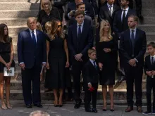 Former President Donald Trump, former First Lady Melania Trump, Barron Trump, Ivanka Trump, Eric Trump, and other relatives stand outside of St. Vincent Ferrer Roman Catholic Church after the funeral services of Ivana Trump in New York, on July 20, 2022.