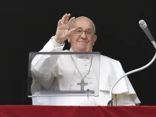 Pope Francis smiles at pilgrims gathered in St. Peter’s Square on Jan. 1, 2024, for his first Angelus of the new year.