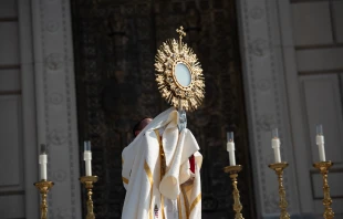 Bishop Andrew Cozzens holds the Eucharist over the faithful for benediction while standing on the Indiana War Memorial. Credit: Jeffrey Bruno