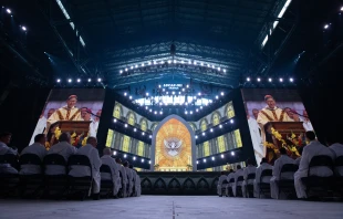 Cardinal Luis Antonio Tagle presides over the closing Mass of the National Eucharistic Congress in Lucas Oil Stadium on July 21, 2024, in Indianapolis. Credit: Jeffrey Bruno