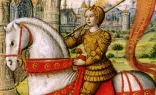 Joan of Arc depicted on horseback in an illustration from a 1504 manuscript.