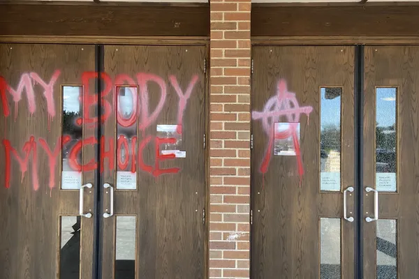 Vandalism at St. John XXIII parish in Fort Collins, Colo., May 7, 2022. Eileen Pulse