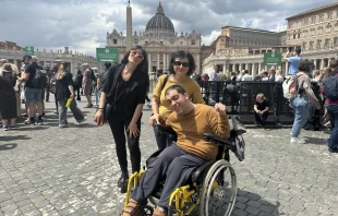 Ferrara, Italy, resident Davide Andreoli and his family visit St. Peter’s Square for the Jubilee of People with Disabilities, Monday, April 28, 2025. Credit: Courtney Mares/CNA