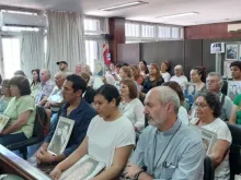 Supporters of Blessed Wenceslao Pedernera listen during the final hearing on Dec. 11, 2023, of the trial for his 1976 murder in La Rioja, Argentina.