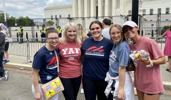 Kara Zupkus, the 25-year-old spokeswoman for the conservative group, Young America’s Foundation (second from left), standing with other pro-life supporters outside the U.S. Supreme Court in Washington, D.C., on June 24, 2022, after the court released its decision in the Dobbs abortion case. Katie Yoder/CNA