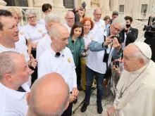 Pope Francis greeted victims of sexual abuse by members of the Church after the general audience on May 17, 2023. The victims arrived in Rome after making a pilgrimage by bicycle from Munich, Germany.