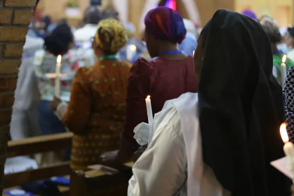 Speaking in Our Lady of Congo Cathedral in Kinshasa on Feb. 2, 2023, Pope Francis encouraged priests and religious to continue to bring the Congolese people Jesus, who “heals the wounds of every human heart.” Credit: Elias Turk/EWTN