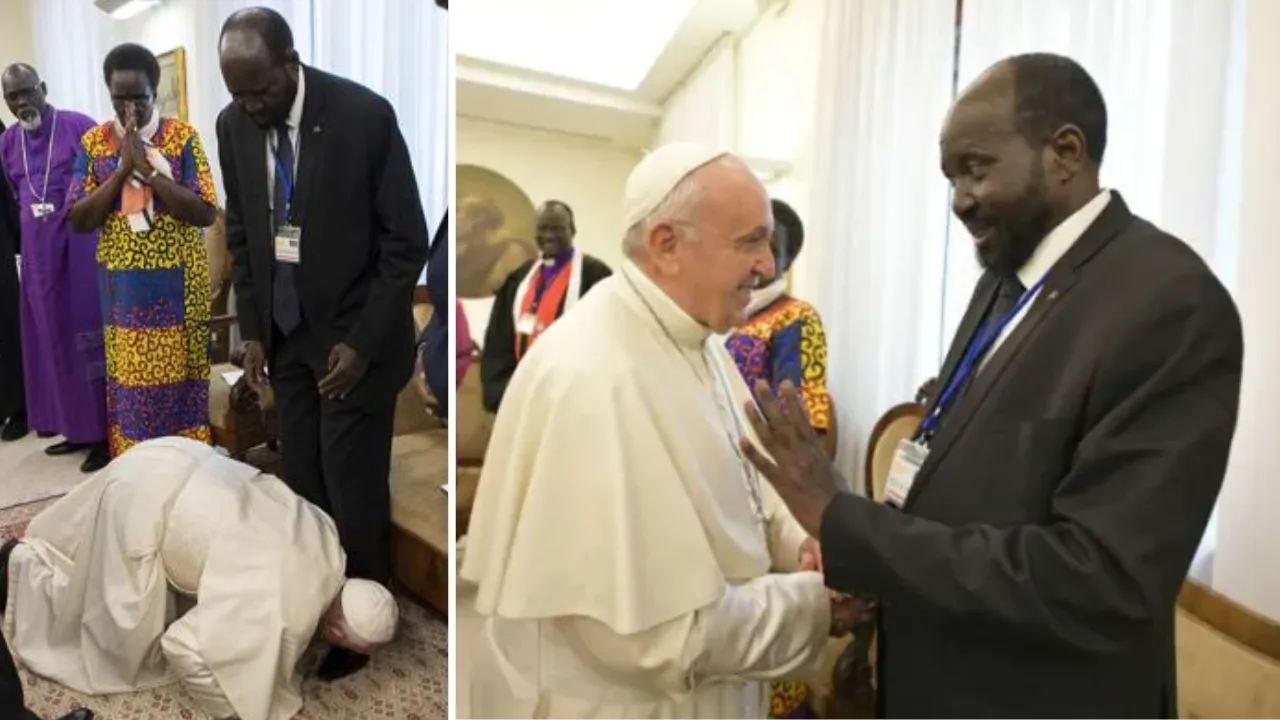 Pope Francis greets South Sudanese President Salva Kiir at the Vatican, April 11, 2019.?w=200&h=150