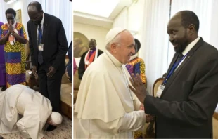 Pope Francis greets South Sudanese President Salva Kiir at the Vatican, April 11, 2019. Vatican Media