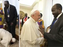 Pope Francis greets South Sudanese President Salva Kiir at the Vatican, April 11, 2019.