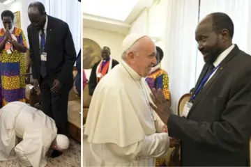 Pope Francis greets South Sudanese president Salva Kiir at the Vatican, April 11, 2019.  Vatican Media