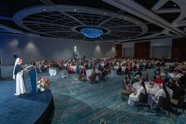 Sister Mary Gabriel of the Sisters of Life addresses women gathered for the Knights of Columbus 141st Supreme Convention “Ladies Program” on Aug. 1, 2023. The sisters served as the master of ceremonies for the event. Photo courtesy of the Knights of Columbus