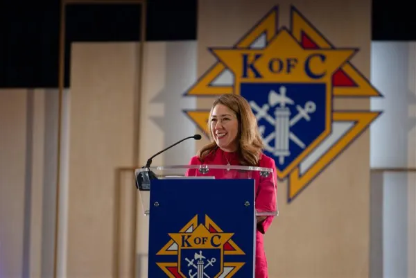 Vanessa Kelly, wife of Knights of Columbus Supreme Knight Patrick Kelly, addresses participants at the Knights of Columbus 141st Supreme Convention “Ladies Program” on Aug. 1, 2023. Photo courtesy of the Knights of Columbus