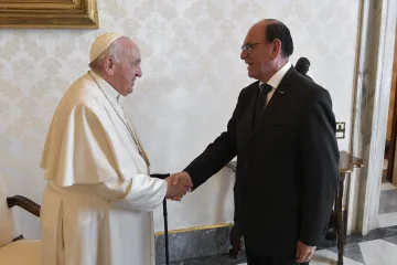 Pope Francis meets with Cesar Landa, Peru's foreign minister, at the Vatican, Oct. 17, 2022.
