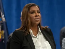 New York Attorney General Letitia James speaks to the media on May 26, 2022, in New York City.