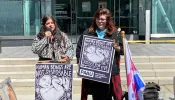 Lauren Handy and Terrisa Bukovinac outside the medical examiner’s office in Washington, D.C., April 8, 2022.