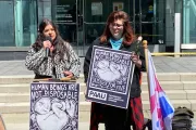 Lauren Handy and Terrisa Bukovinac outside the medical examiner’s office in Washington, D.C., April 8, 2022.