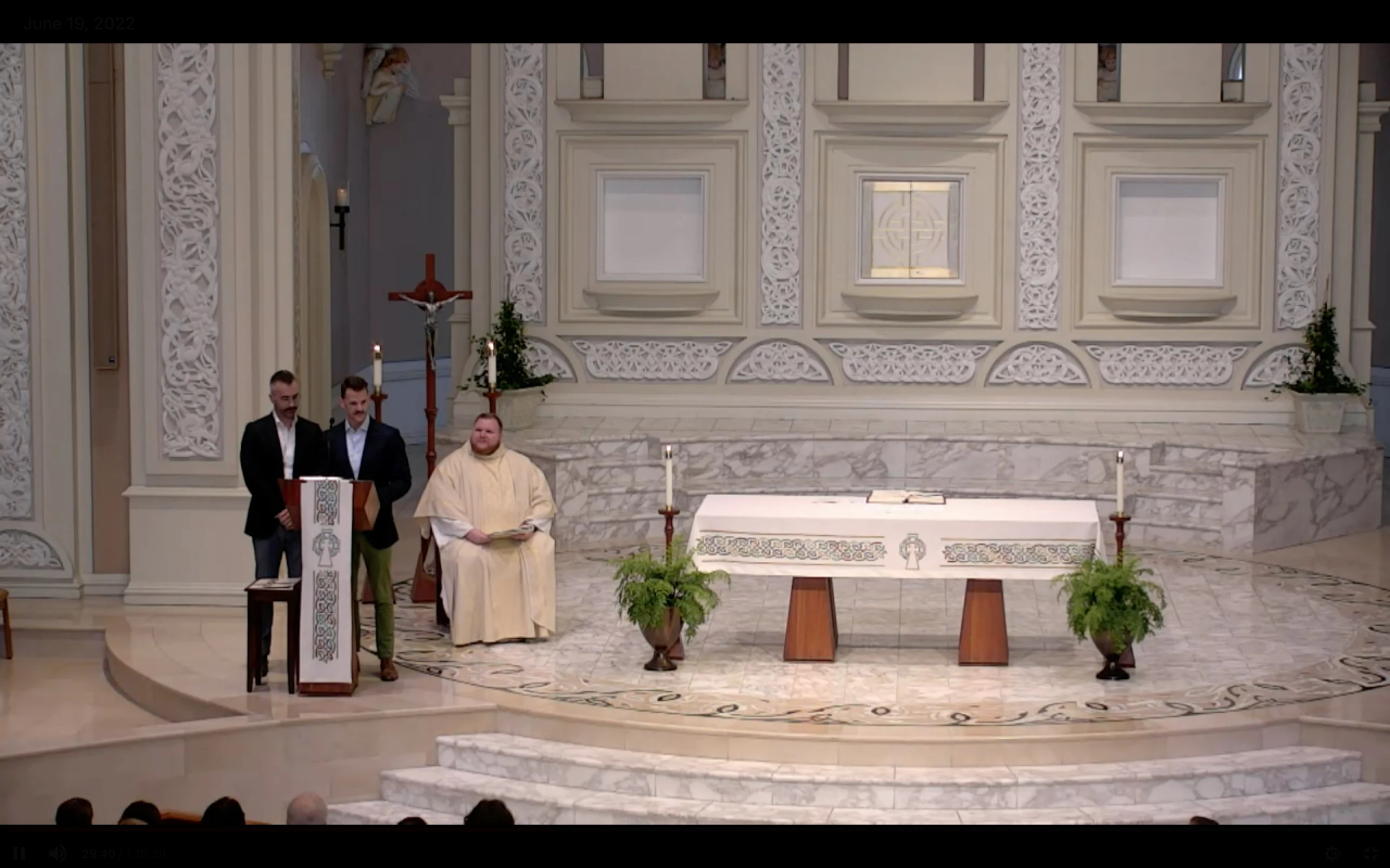 Alex Shingleton and Landon Duyka deliver a 'Gospel reflection' during Mass at Old St. Patrick's in Chicago, Ill., June 19, 2022.?w=200&h=150