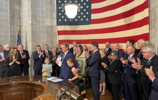 Nebraska Gov. Jim Pillen signed into law a 12-week abortion ban and a ban on transgender surgery on minors on May 22, 2023. Credit: Courtesy of the Office of the Governor of Nebraska