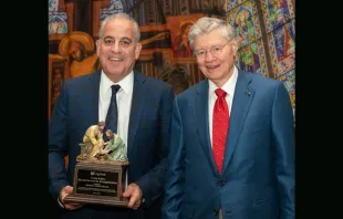 Legatus 2020 Bowie Kuhn Award for Evangelization recipient Mario Costabile (left), with Thomas Monaghan (right), Legatus founder and CEO Legatus International