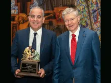 Legatus 2020 Bowie Kuhn Award for Evangelization recipient Mario Costabile (left), with Thomas Monaghan (right), Legatus founder and CEO