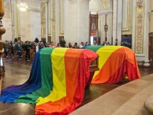 Coffins with the LGBT flag in Aguascalientes cathedral in Mexico.