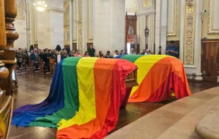 Coffins with the LGBT flag in Aguascalientes cathedral in Mexico. Credit: María Miranda Franco/Metropolitano Aguascalientes