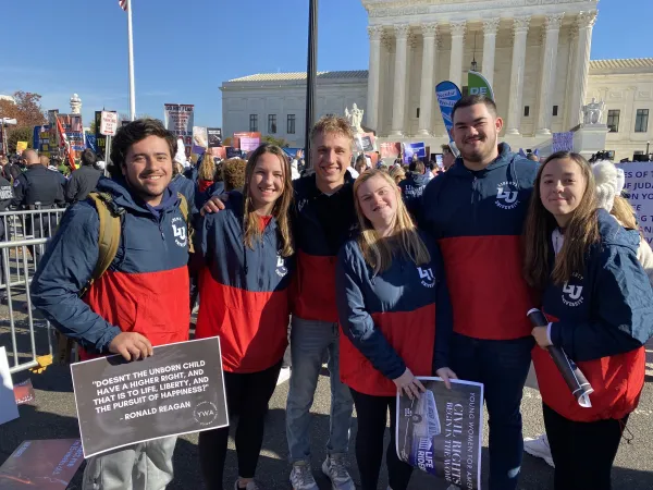 Hundreds of students from Liberty University in Lynchburg, Virginia, traveled to Washington, D.C., for a pro-life rally outside the U.S. Supreme Court on Dec. 1, 2021, in conjunction with oral arguments in the Dobbs v. Jackson Women's Health Organization abortion case. Katie Yoder/CNA