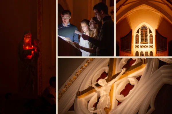 Young Catholics sing together in the glow of candlelight at Mass. Credit: Photo courtesy of Prudence Cuypers