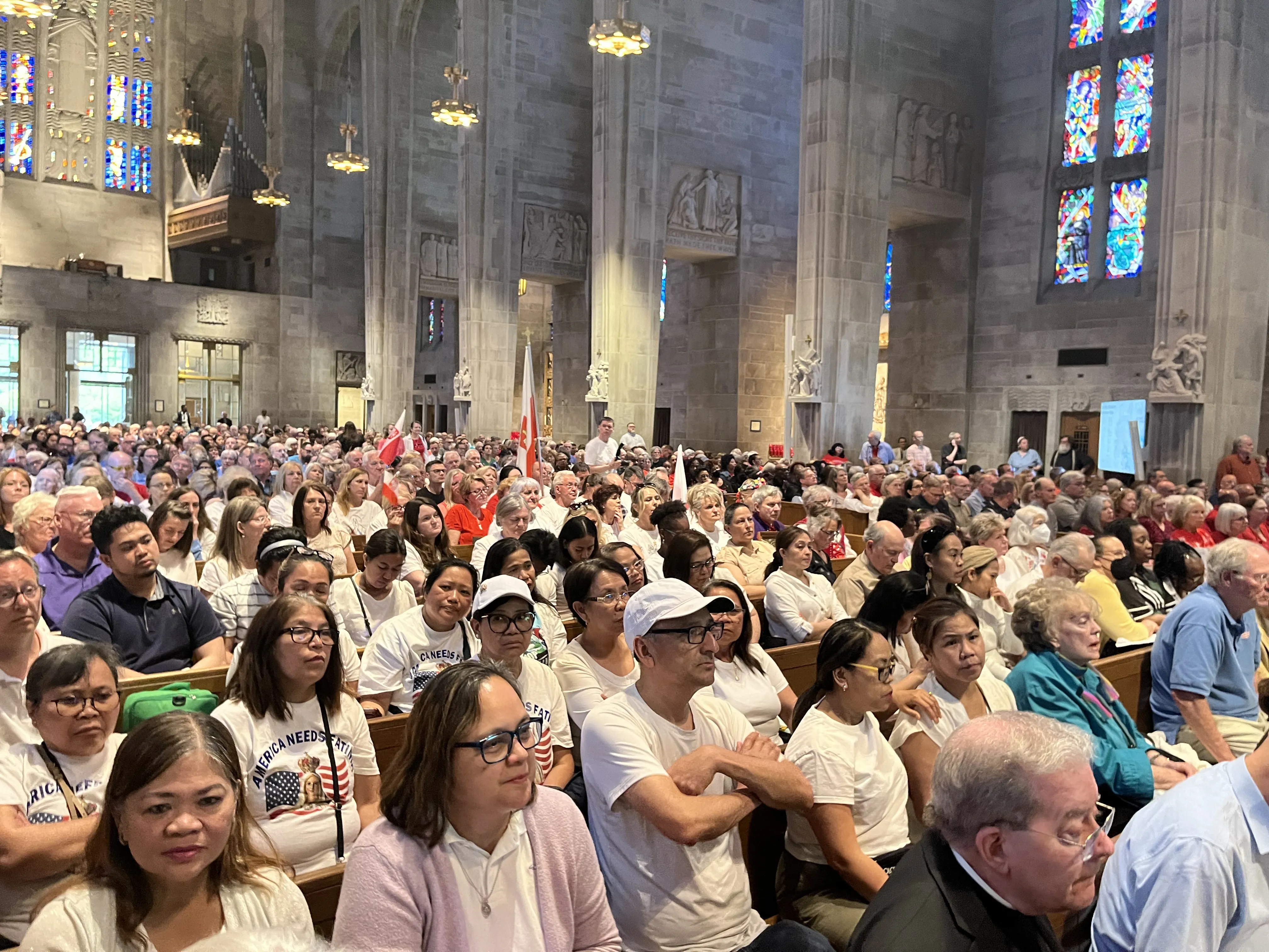 Catholics in the Archdiocese of Baltimore pack the Cathedral of Mary Our Queen during a concluding listening session on the archdiocese's major parish restructuring plan on April 30, 2024.?w=200&h=150