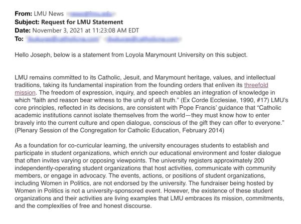 Statement from Loyola Marymount University regarding a student fundraising event for Planned Parenthood scheduled for Nov. 5, 2021. CNA
