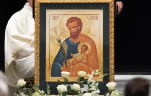 The Knights of Columbus announced the selection of this icon of St. Joseph holding the Child Jesus as the centerpiece of this year's KofC prayer program. Courtesy of Knights of Columbus