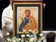 The Knights of Columbus announced the selection of this icon of St. Joseph holding the Child Jesus as the centerpiece of this year's KofC prayer program.