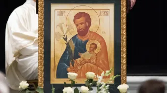 In 2021, the Knights of Columbus announced the selection of this icon of St. Joseph holding the Child Jesus as the centerpiece of the current K of C pilgrim icon prayer program. The original icon was created (or "written") by Élizabeth Bergeron, an iconographer in Montréal, based on a drawing by Alexandre Sobolev.