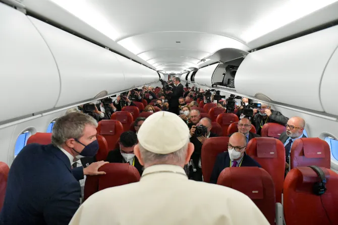 Pope Francis speaks during an in-flight press conference from Malta, April 3, 2022