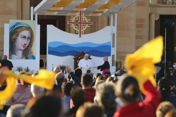 Pope Francis addresses the crowd gathered outside the Basilica of the National Shrine of the Blessed Virgin of Ta’ Pinu on the Maltese island of Gozo on April 2, 2022. Courtney Mares/CNA