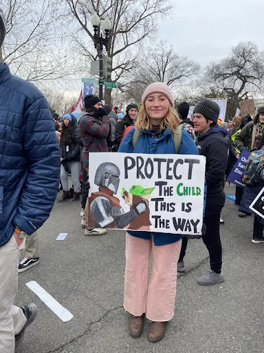 A young woman holds another Baby Yoda Sign outside the U.S. Supreme Court at the March for Life in Washington, D.C., on Jan. 21, 2022. Christine Rousselle/CNA