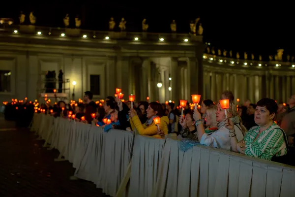 St. Peter’s Square was illuminated by candlelight the night of Saturday, May 20, 2023, as pilgrims prayed the rosary in a procession in honor of the Blessed Virgin Mary. Credit: Daniel Ibañez/CNA