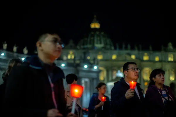 St. Peter’s Square was illuminated by candlelight the night of Saturday, May 20, 2023, as pilgrims prayed the rosary in a procession in honor of the Blessed Virgin Mary. Credit: Daniel Ibañez/CNA