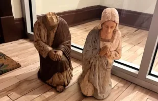 Statues of Joseph and Mary were stolen from a Nativity scene at St. Patrick’s Co-Cathedral in Billings, Montana, after vandals destroyed the statues the night of Jan. 16, 2023. The statues were found Jan. 26, 2023. Credit: Montana Television Network News/Screenshot