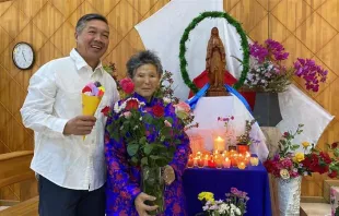 Father Andrew Tin Nguyen, parish priest of Mary Help of Christians in Darkhan, Mongolia, with Tsetsegee, who found a statue of the Blessed Mother in a landfill, which will be blessed by Pope Francis during his trip to Mongolia from Aug. 31–Sept. 4, 2023. Credit: Photo courtesy of Father Andrew Tin Nguyen