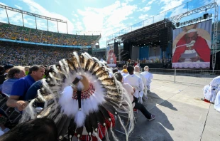 Pope Francis celebrates Mass from the Commonwealth Stadium in Edmonton, Alberta, on July 26, 2022. Vatican Media