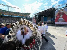 Pope Francis celebrates Mass from the Commonwealth Stadium in Edmonton, Alberta, on July 26, 2022.
