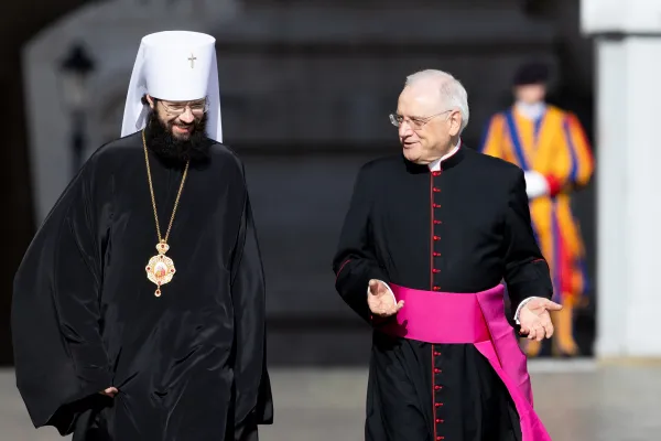 Metropolitan Anthony, chairman for external church relations of the Russian Orthodox Church, walks with Monsignor Leonardo Sapienza, regent of the Pontifical House, in St. Peter's Square on May 3, 2023. The metropolitan had a brief exchange with Pope Francis after the pope's general audience on May 3, amid heightened scrutiny of diplomatic relations between the Holy See and Russia. Daniel Ibañez/CNA