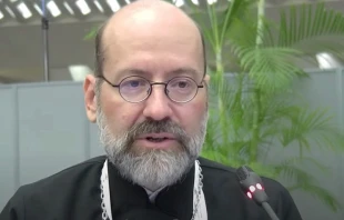 Metropolitan Job, the Eastern Orthodox bishop of Pisidia and the permanent representative of the Ecumenical Patriarchate to the World Council of Churches, speaks to delegates of the Synod on Synodality on Oct. 9, 2023, at the Vatican's Paul VI Hall. He is attending the Synod on Synodality as a fraternal delegate. Credit: Screenshot of Vatican Media livestream