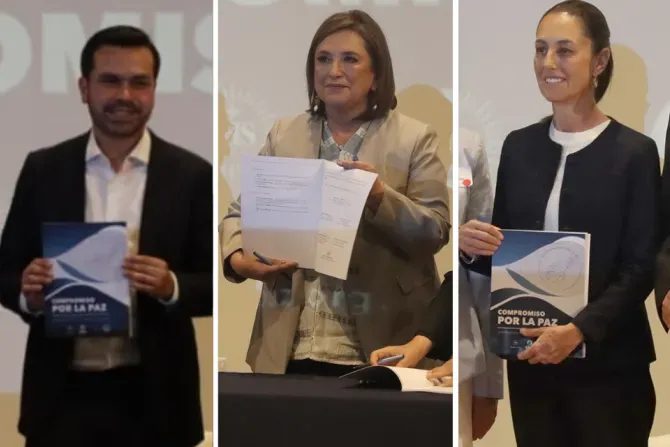 Mexican presidential candidates Jorge Álvarez Máynez, Xóchitl Gálvez, and Claudia Sheinbaum each signed the "National Commitment to Peace."?w=200&h=150
