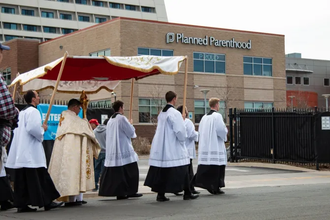 A pro-life eucharistic procession around a Planned Parenthood facility in Denver, Colo., April 9, 2022.