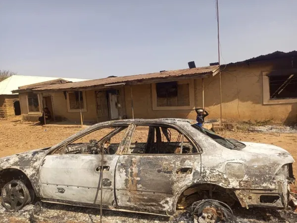A burned vehicle in Maiyanga Village in Plateau State, Nigeria, after a December 2023 attack. Credit: Courtesy of Voice for the Voiceless and Peace Solidarity Network