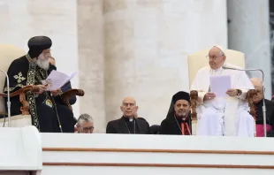 Pope Francis and the head of the Coptic Orthodox Church of Alexandria, Pope Tawadros II, led the general audience at the Vatican on May 10, 2023. Daniel Ibanez/CNA