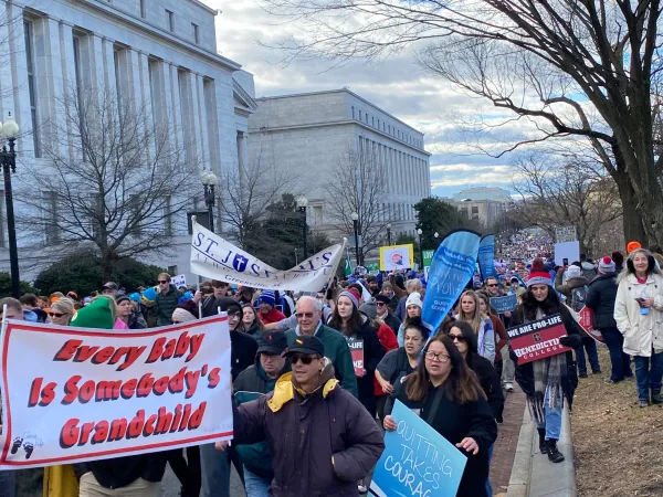 Crowds marching towards the Supreme Court at the March for Life chanted “Hey hey ho ho, abortion has got to go.” The chant is a slight change from a yearly March for Life chant "Hey hey ho ho, Roe v. Wade has got to go.". Katie Yoder